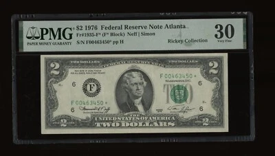 DBR 1976 $2 FRN Atlanta STAR Fr. 1935-F* PMG 30 Serial F00463450* - Image 1 of 2