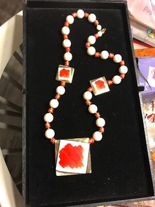 28” Fiery Orange, White, And Gold necklace,Ceramic Square HP Accent Beads - Picture 1 of 3