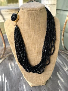 Vintage Italian 11 Strand Black Glass Jet Classic Choker Mourning Fancy Clasp - Picture 1 of 11