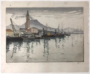 FARBE Aquatinta/Ätzung ~ NEAPEL, MT. VESUV ~ ca. 1920er Hafenansicht HANS FIGURA - Bild 1 von 4