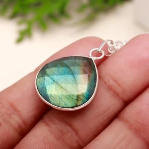 Fire Labradorite Gemstone Pendant 925 Sterling Silver Chain Pendant Necklace 18" - Picture 1 of 6