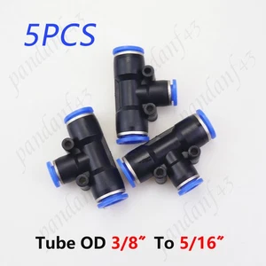5 Pneumatic Reduced Tee Union Push In Fittings: 3/8 OD to 5/16 OD, One Touch - Picture 1 of 7