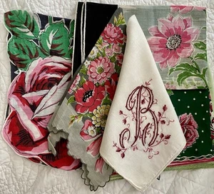 Vintage Floral Rose Pink/Green Handkerchiefs Hand Rolled Vogue Linen B Monogram - Picture 1 of 12