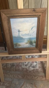 Framed Original Oil Lighthouse Beach Seascape Painting Signed L. Marcou Coastal - Picture 1 of 5