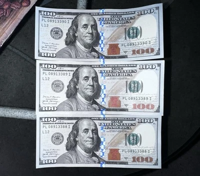 (3) CONSECUTIVE FANCY SERIAL NUMBER $100 DOLLAR BILLS 2017A CRISP & RARE - Image 1 of 2