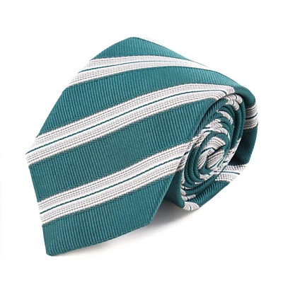 Isaia Napoli Teal Green and White Woven Ribbon Stripe Silk Tie New - Image 1 of 4