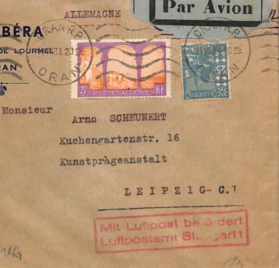 France ALGERIA Air Mail Cover Oran GERMANY Leipzig via Stuttgart 1933 YV257 - Image 1 of 4