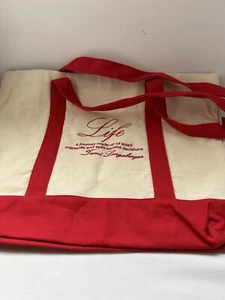 Longaberger Tote Bag Canvas Cream With Red Trim Life A Journey Tami Longaberger - Picture 1 of 2