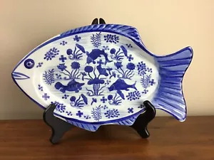 Blue & White Fish Shaped Serving Platter Asian Chinese Plate Vintage - Picture 1 of 6