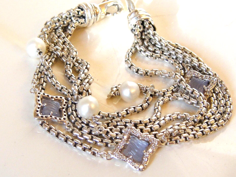 $1750 PULSERA DAVID YURMAN SS MULTI CAJA CADENA DIAMANTE CALCEDONIA PERLAS Foto 1 de 4