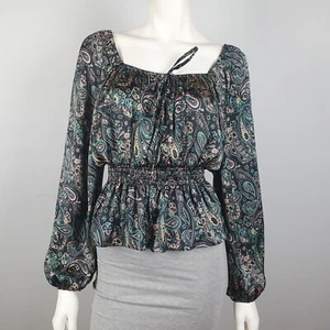 TU Woman Size 12 Peasant Top Blouse Black Paisley Shirred Long Sleeve Square Nec - Foto 1 di 15