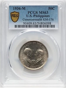 1936-M US PHILIPPINES 50 CENTAVOS MURPHY- QUEZON COMMEMORATIVE PCGS MS 63 - Picture 1 of 2