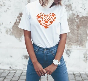 Damen T-Shirt Pfoten Hund 14. Februar Valentinstag Baumwolle Liebe Herz - Bild 1 von 4