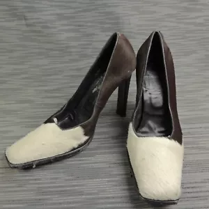 CASADEI Vero Cuoio Brown White Fur Heels Pumps Made In Italy 8 B - Picture 1 of 14