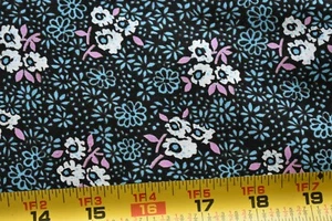 By 1/2 Yd, Vintage, Pink White & Blue Floral on Black Quilt Cotton, P453 - Picture 1 of 4