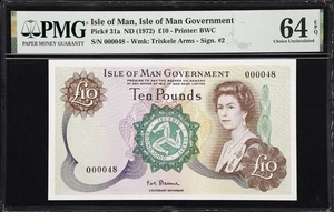 Isle of Man 10 Pounds 1972 RARE Sign STALLARD Low 000048 P-31a CH UNC PMG 64 EPQ - Picture 1 of 2