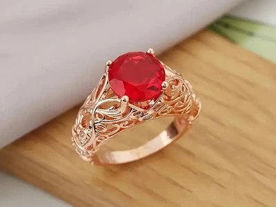 Elegante Anillo de Cobre de Inspiración Francesa con Circonita Cúbica Rosa Roja - Talla 7 Foto 1 de 3