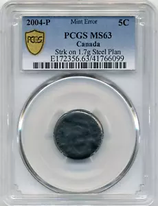 Mint Error 2004-P Canada 5 Cent Struck on 1.7g Steel Planchet - PCGS MS63 - Picture 1 of 2