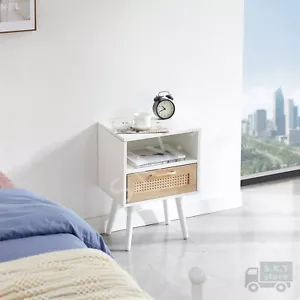 16" Modern Rattan Nightstand, End Table with Drawer and Solid Wood Legs, White - Picture 1 of 10