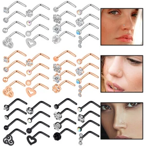 16Pcs Curved Nose Stud Surgical Steel Nose Ring Crystal L Bend Stud Piercing 20G - Picture 1 of 31