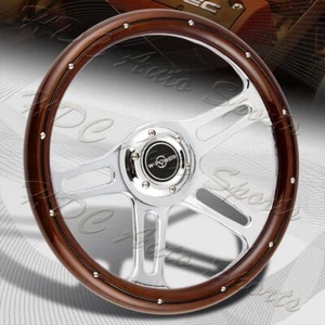 W-Power 350MM 14" Dark Wood Grip 6-Hole Chrome 4-Spoke Vintage Steering Wheel - Picture 1 of 5