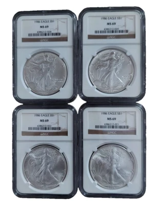 1986 American Silver Eagle (S)  MS-69 NGC Certified Slabbed Graded (Lot of 4) - Image 1 of 4
