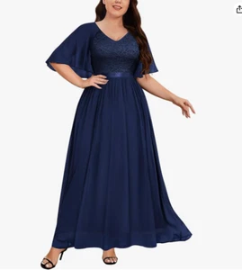 Knitee Half Sleeves Cape Dress Lace V Neck Evening Party Dress (Navy 2XL) - Picture 1 of 4