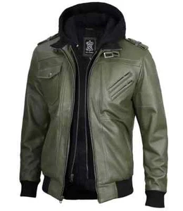 Leather jacket for mens – Mens Bomber jacket Removable Hood Distressed Lambskin - Picture 1 of 8