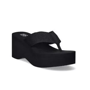 Size 7 Women's 3" Heel Platform Thong Wedge Soft Terry Sandals Black - Picture 1 of 5