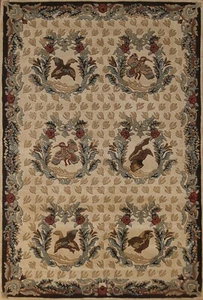 Floral Beige Aubusson Hand-tufted Oriental Area Rug 5'x8' Indian Wool Carpet - Picture 1 of 12