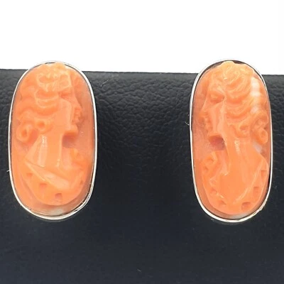Stud Earrings With Coral Cameo In Solid 18K White Gold Vintage '60 - Image 1 of 4