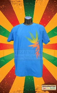 BLUE T SHIRT WITH RED GOLD GREEN WEED GANJA LEAF PRINT PLAIN BACK REGGAE ROOTS 5 - Picture 1 of 1