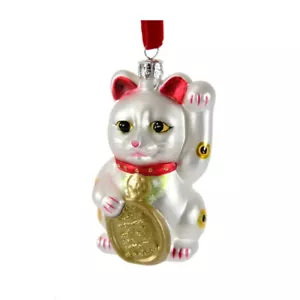 ADORNO GATO DE LA SUERTE 4.5" Vidrio Navidad Lindo Blanco Maneki Neko Beckoning Kitty - Imagen 1 de 2