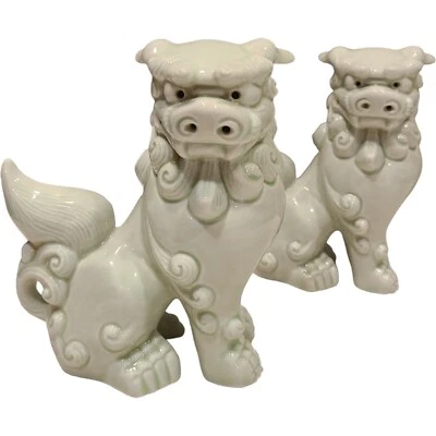 Foo Dogs Set Of 2 6" Green Wash Porcelain Shishi Figurines Vintage  Komainu EUC  - Image 1 of 4