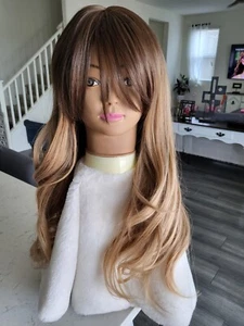Honey Brown Synthetic Wig on BROWN Roots With BANGS, Mid-Part, Heat Resistance, - Picture 1 of 12