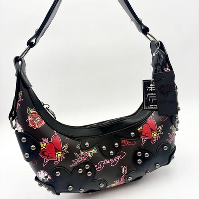 Ed Hardy Hobo Bag Black Tattoo Hearts Roses Skulls Studded Shoulder Purse - Image 1 of 4