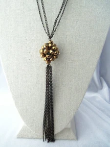 Vintage facettiert Gold Kristall Perlen Cluster schwarz Chan Quaste Anhänger Halskette - Bild 1 von 6