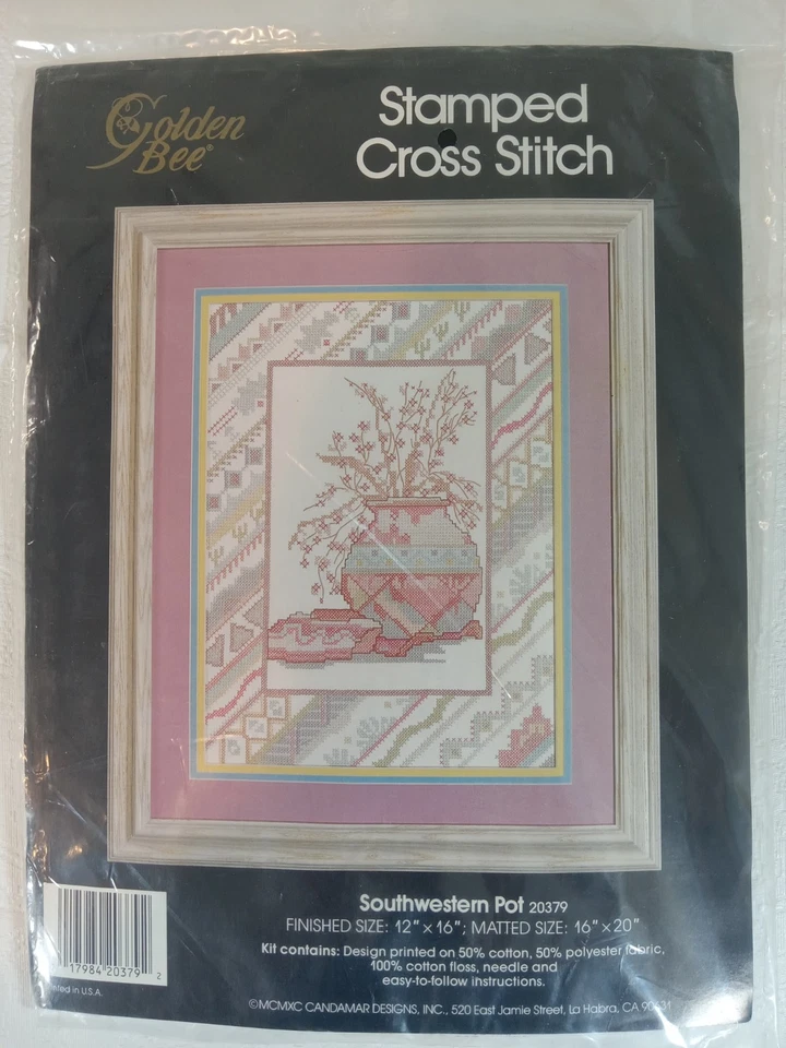 Vintage Golden Bee Stamped Cross Stitch Southwestern Pot 20379 12x16