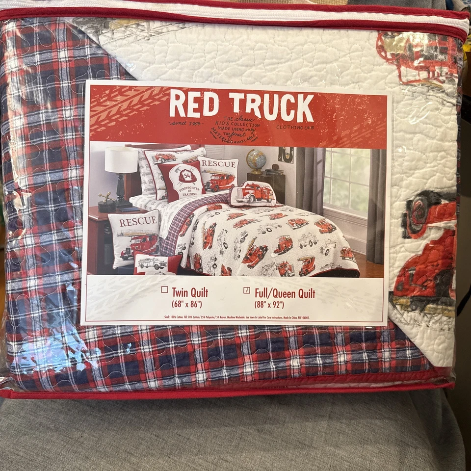 RED TRUCK Niños Reversible Blanco Rojo Azul Camión de Bomberos Edredón a Cuadros - Completo/Reina Nuevo Foto 1 de 4