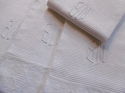4 serviettes de toilette nid d'abeille chiffrées S.M. - Photo 1/4
