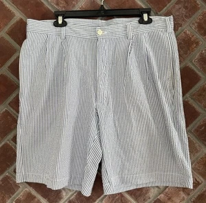 JoS A Bank Seersucker Short Stays Cool Mens Size 36 Blue White Stripe Pleated 9” - Picture 1 of 7