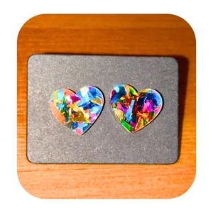 Beautiful Multi Coloured Rainbow or Red Glitter Heart Shaped Stud Earrings - Picture 1 of 3