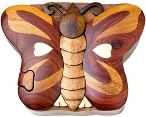 Butterfly Handcrafted Carved Intarsia Wood Puzzle Box Jewelry Trinket Box - Picture 1 of 1