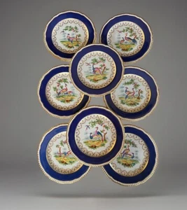 12 placas antiguas azules Chelsea Mazarine con marca de anclaje dorada de aves exóticas, C 1750 - Imagen 1 de 22