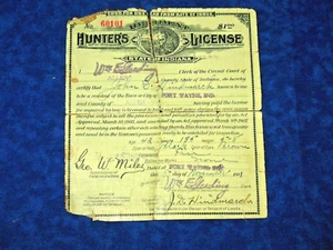 Indiana Hunter's License Dated 1911 Rare Hoosier History Allen County Fort Wayne - Picture 1 of 8