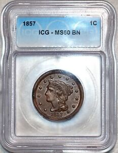 ICG MS-60 BN 1857 Small Date Braided Hair Large Cent, Razor-Sharp & Lustrous!