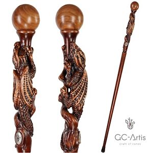 New Wood  Dragon Hand Carved Walking Cane Hiking Stick Staff Wooden Top Knob