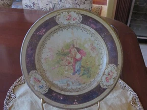 Antique Vintage Vienna Art Plate Victorian Design Cherubs Maroon Tin Litho 10" - Picture 1 of 6