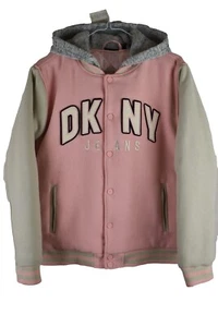 DKNY JEANS Pink Varsity Jacket size L Girls 14/16 Hooded Bomber Casual Outdoors - Picture 1 of 9
