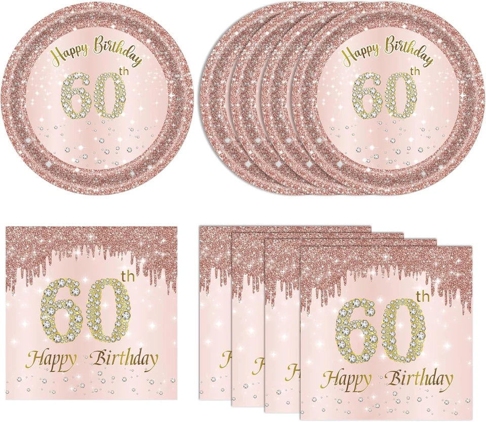 40 PCS 60Th Birthday Decorations for Women 60Th Birthday Plates and Napkins Rose - Image 1 of 4